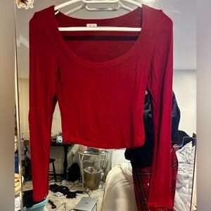 Garage Red Scoop Neck Long Sleeve Crop Top